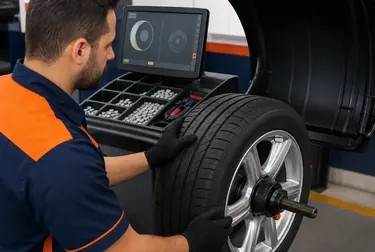 Profissional realizando balanceamento de rodas em borracharia em Paragominas.