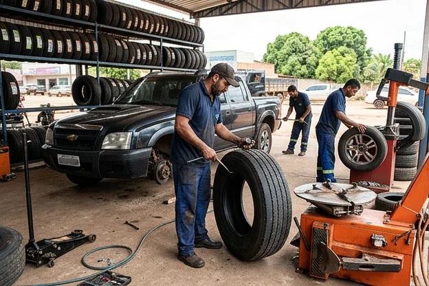 Profissional realizando cuidados em pneus em borracharia em Paragominas durante o verão.