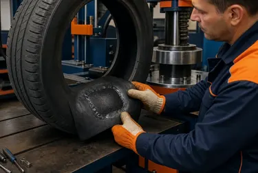 Profissional realizando vulcanização em um pneu na borracharia em Paragominas.