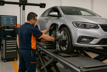 Técnico ajustando as rodas de um carro em borracharia em Paragominas.