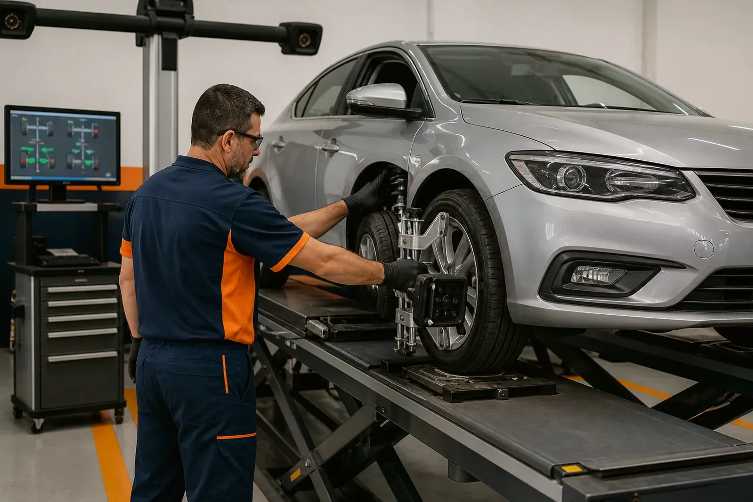 Técnico ajustando as rodas de um carro em borracharia em Paragominas.