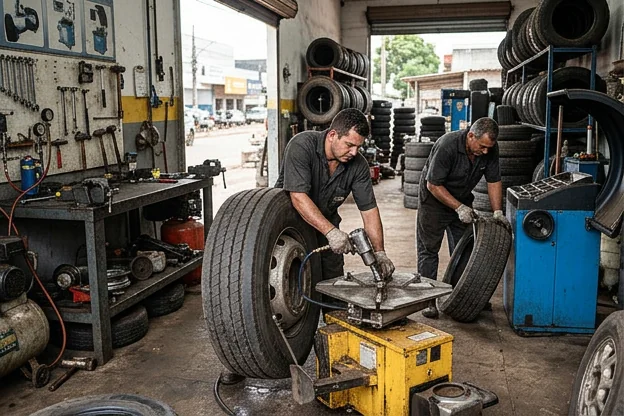 Técnico inspecionando a manutenção dos pneus em borracharia em Paragominas.